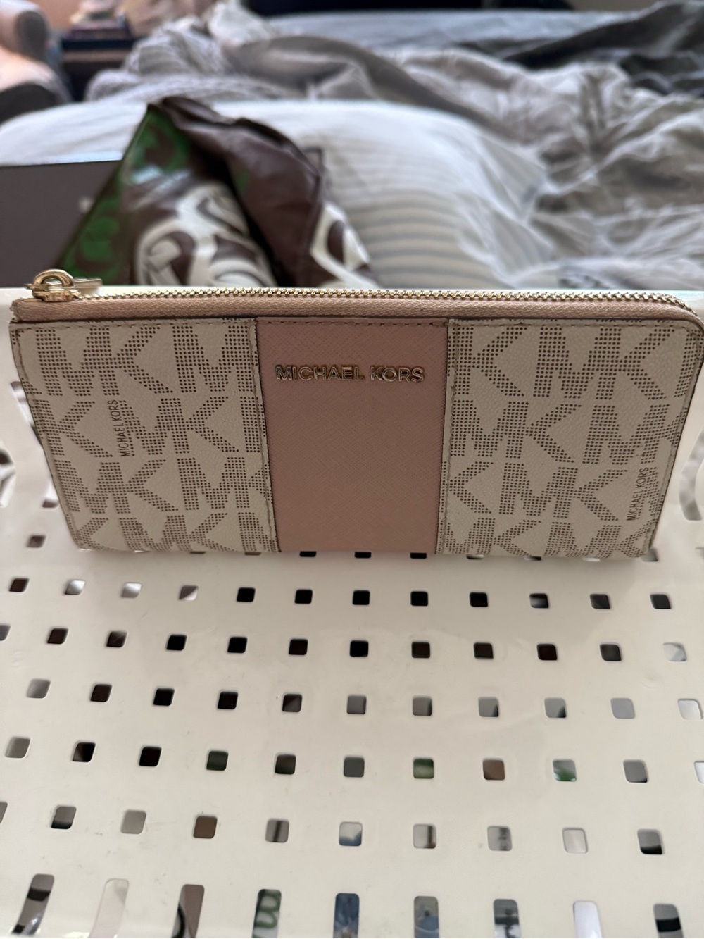 Michael Kors Beige and Pink Logo Zip Wallet